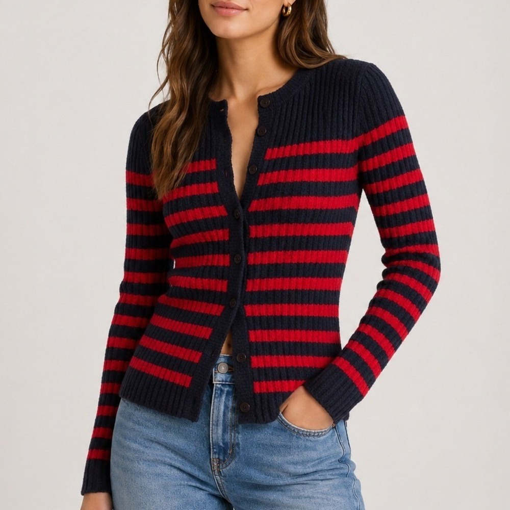 Madewell Striped Boucle Knit Cardigan Long Sleeves Fitted Navy‎ Red NZ320 XS NWT